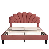Queen Size Upholstered Platform Bed with Flower Pattern Velvet Headboard, Bean Paste Red WF305291AAH
