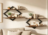 Black Rustic Brown 2Tier Floating Wall Set of 2, Diamond Metal Frame Wall Mounted Storage 16827488