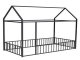 Twin Size Metal Bed House Bed Frame with Fence, for Kids, Teens, Girls, Boys, Black MF304315AAB