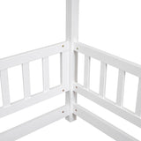 ZNTS Full Size Floor Wooden Bed with House Roof Frame, Fence Guardrails ,White W1791P148196