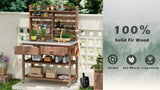 K&K 64.9"H Outdoor Potting Bench Table with Lockable Wheels, Solid Wood Outdoor Kitchen Island with N707P228274Z
