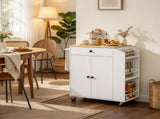 White Rolling Kitchen Island Cart with Tabletop, Storage Cabinet, Drawer, Spice Rack & Towel Bar for 04159497