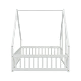 Full Wood House-Shaped Floor Bed with Fence, Guardrails,White W504P143294