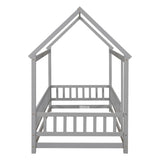 ZNTS Twin Size Floor Wooden Bed with House Roof Frame, Fence Guardrails,Grey 40028728