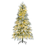 6FT Pre-Lit Spruce Snow Flocked Christmas Tree, Artificial Hinged Xmas Tree with 300 Multi-Color LED N704P199474A
