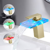 Bathroom Sink Faucet LED Light 3 Colors Changing Waterfall Glass Spout Hot Cold Water Mixer Single W1932P148106