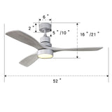 52 Inch Ceiling Fan Light With 6 Speed Remote Silver 3 Wood Blade Reversible DC Motor For Bedroom W93494500