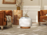 Tilly 16.5" Round Fur Upholstered & Burl Pouf Ottoman, Cottontail White Faux Fur B2719P277868