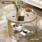 Modern Glass Coffee Table in 31.5", Asymmetrical Metal, Circular Metal Drum Base, Gold Finish & N735P177478K