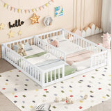 Double Twin Floor Bed with Fence, Guardrails, without door, White W504P143286