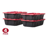 (Pack of 4) 17 Gallon Medium Storage Bin Low Profile with Snap Lid, Black and Red, Heavy Duty 81332240