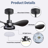 24" Small Ceiling Fan with Light remote control ,Modern Low Profile black Ceiling Fan, 6-Speeds W2352P224345