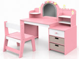 Kids 2-in-1 Castle Vanity Table & Study Desk Set with Chair, 3 Colors Dimmable LED Light Mirror, 49828230