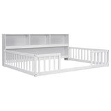 Full Floor Bed with Side Bookcase,Shelves,Guardrails,White W504142775