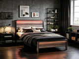 Twin Size Metal Wood Platform Bed Frame, 3-Spanel Wash Grey Wood Grain Headboard with LED Light & 55092829