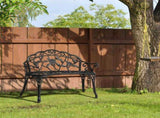 Outdoor Cast Aluminum Patio Bench, Porch Bench Chair with Curved Legs Rose Pattern, Black 50857414