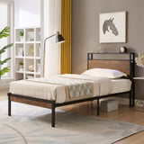 Twin Size Metal Platform Bed Frame with Wooden Headboard and Footboard with USB LINER, No Box Spring W311134483