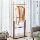Golden Stainless Steel Hanger, Walnut Colored Solid Wood Double-Layer Coat Rack, 68.9 Inches High W1151P276823