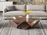 The Round Coffee Table with Glass Top and Geometric Abstract Art Deco Base Storage Shelves, Walnut, N735P350383D