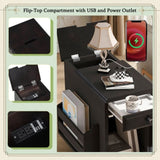 U-Can Vintage End Table Flip Top Side Table with USB Ports, One Multifunctional Drawer with cup N724P293133P