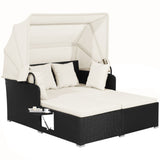 White Rattan Daybed Lounge W/ Retractable Top Canopy Side Tables Cushions 65135668