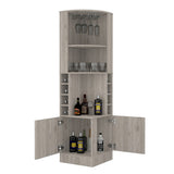 Syrah Corner Bar Cabinet, Eight Bottle Cubbies, Double Door, Two Open Shelves Light Gray B200P242413