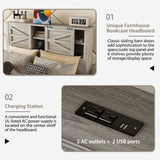 Farmhouse Platform Bed with Double Sliding Barn Door, Queen Size Rustic Wood Bed with
Charging WF317944AAG