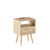 15.75" Rattan End table with Power Outlet & USB Ports , Modern nightstand with drawer and solid wood W126573116