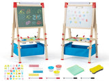 3-in-1 Kids Wooden Easel - Magnetic Chalkboard/WhiteboardPaper Roll, 60 Accessories, NaturalBlue 24573493