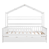 Wooden Full Size House Bed with Twin Size Trundle,Kids Bed with Shelf, White WF301683AAK