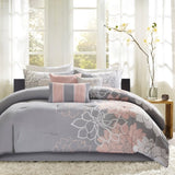Printed Cotton Sateen Comforter Set Grey/Peach Queen B03597062