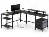 L-Shaped Corner Desk with Charging Station, Reversible Monitor Stand & Foldable Fabric Drawers, 80220481