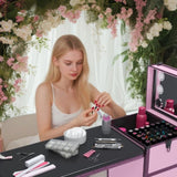 Portable Nail Art Table w/ LED Mirror, Bluetooth, Lockable Drawers, Telescopic Pole - Folding W2700P303416