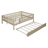 Full Size Wood Daybed with Trundle and Fence Guardrails, Natural WF301863AAN