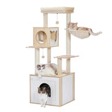 ZNTS 56.7" Cat Tree with Litter Box , for Indoor Cats with Storage Cabinet and Cozy Cat Condo, Sisal 05599943