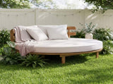 Outdoor Acacia Wood Round Daybed, Patio Lounger with Curved Slatted Backrest, Cushion and 4 N717P453341A