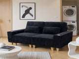 Black Deep Seat Corduroy Loveseat with Brushed Stainless Steel Cup Holders and 2 Decorative Pillows, 48566915