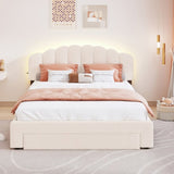 Teddy Fleece Queen Size Upholstered Platform Bed with Drawer, Beige WF309187AAA