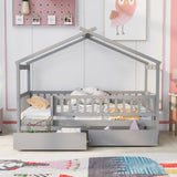Twin Size Wooden House Bed with Two Drawers, Gray WF302181AAE