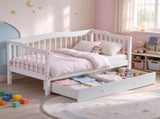 Painted Wooden Children's Bed with Vertical-Slat Railings and 2 Storage Drawers Pine Wood Bedside 20163269