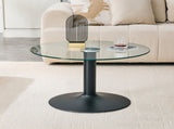 27.5-inch diameter round tempered glass coffee table. 17.7 inches high, supported by a black metal W1512P510326