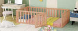 Twin Size Wood Floor Bed Frame with Fence and Door, Natural WF299299AAM