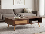 41.3 Inch Rattan Coffee Table Sliding Storage Door, Rectangle Wooden Accent Center Sofa Table 42218125
