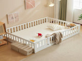 Full-Size Wooden Children's Bed with Gate and Bed Slats Painted Pine Fence-Style Bed 32453107
