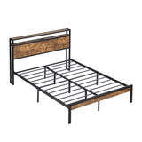 King Size Metal Platform Bed Frame with Wooden Headboard and Footboard with USB LINER, No Box Spring W311119789