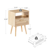 15.75" Rattan End table with drawer and solid wood legs, Modern nightstand, side table for living W126573110