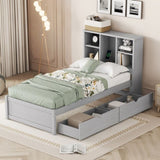 ZNTS Modern Twin Size Bed Frame With Built-in USB Port on Bookcase Headboard and 2 Drawers for Grey Color W697P152021