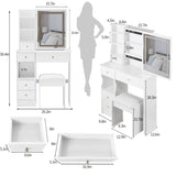 Small Size Left Drawer Desktop Vanity Table Cushioned Stool, Touch Control Sliding LED Mirror, W936P202317