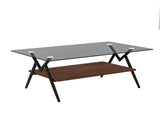 Rectangle Coffee Table with Tempered Glass top and Brown MDF Shelf, Modern Table for Living Room, W241142564