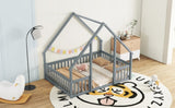 ZNTS Full Wood House-Shaped Floor Bed with Fence, Guardrails,Grey W504P143293